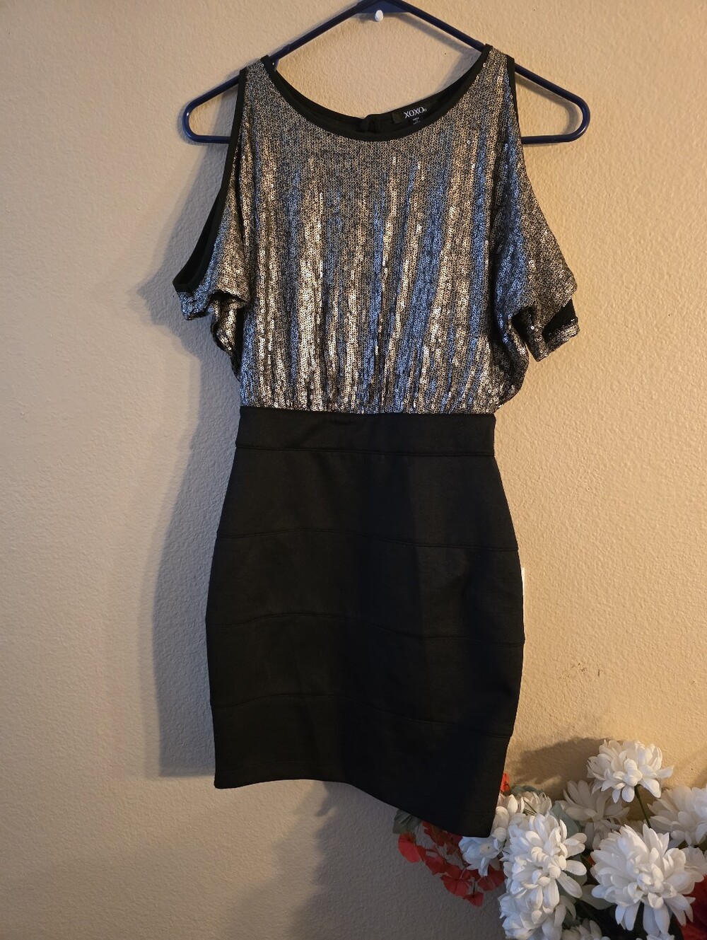 XOXO Metallic Cold-Shoulder Mini Dress - Black & Silver